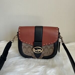 Coach Georgie Saddle Bag Brown Black Signature Canvas Leather Excellent